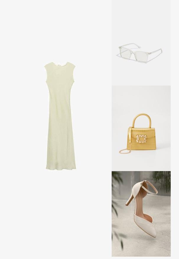 Rochie lungă, fără mâneci, dintr-un material verde deschis. Prezintă un corset ajustat, o textură subtilă și un decolteu rotund cu închidere cu nasture la spate.; Cumpărătură albă cu toc înalt, din material neted, cu vârf ascuțit și bretele pentru glezna. Dispune de un interior de culoare bej deschis și accente din metal aurit.; Ochelari de vedere cu rame pătrate din plastic transparent, dotate cu lentile translucide și accente aurii pe temple pentru un detaliu suplimentar.; Geantă galbenă din faux-crocodil cu un design structurat, mână superioară, curea detașabilă cu lanț și embellisment decorativ cu cristale pe închidere.