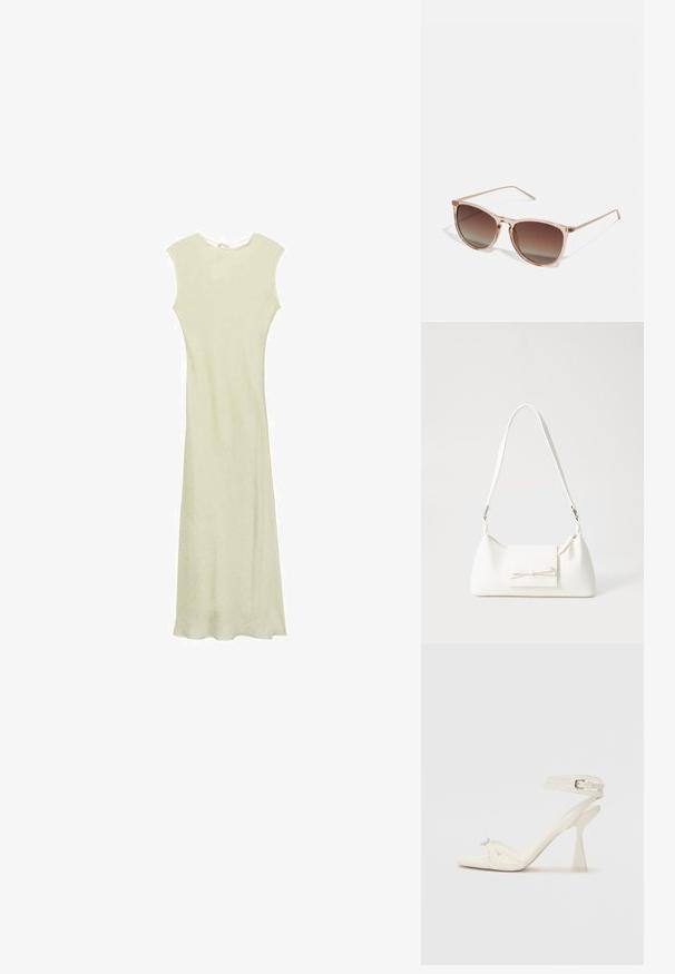 Dlhé, bezrukávové šaty z jemnej zelenej látky. Majú priliehavé telo, jemnú textúru a okrúhly výstrih s gombíkovým zapínaním na chrbte.; Biele kožené sandále na vysokom podpätku s pásikmi, elegantným dizajnom, priehľadným blokovým podpätkom a dekoratívnym prvkom na špičke.; Hnedé slnečné okuliare s prechodovým efektom a priehľadným ružovým rámom, štvorcového tvaru a tenkými kovovými ramenami. Obsahujú zaoblené okraje a minimálne detaily.; Biela syntetická kabelka s trojuholníkovým tvarom, plochým predným klapkou a detailom mašle, nastaviteľným popruhom, hladkou textúrou a minimalistickým dizajnom.