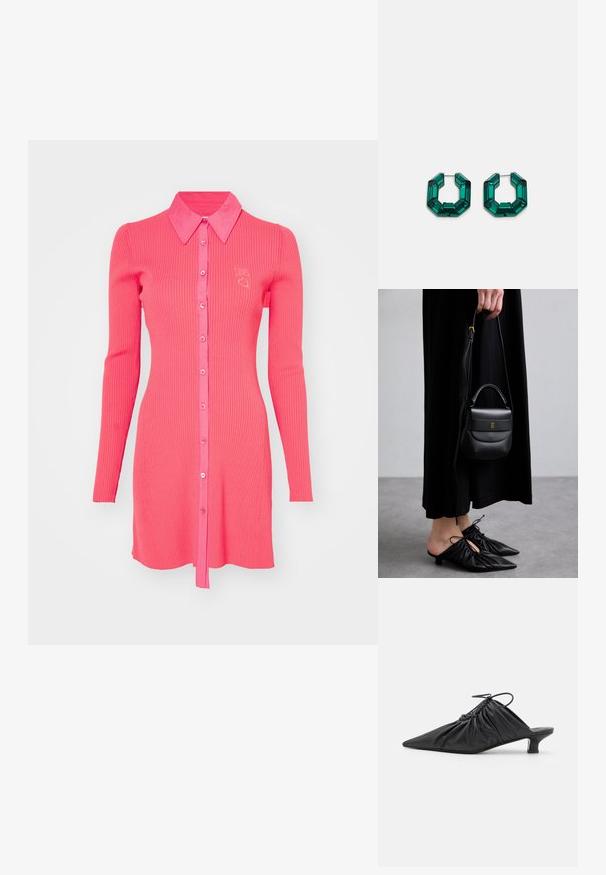 Ribbad, långärmad klänning i klarrosa med krage, knäppning fram och en liten hjärtlogga på bröstet.; Svarta läder slip-on mules med spetsig tå, sammanknipen textur och en liten kitten heel. Har en dragsnörningsdetalj vid öppningen.; Liten svart läderhandväska med rundad form, handtag ovanpå och avtagbar rem. Bärs med svart tygklänning och svarta plisserade skor.; Gröna akrylörringar i en oktagonal form med facetterade kanter, med en metallspänne för säker förslutning.
