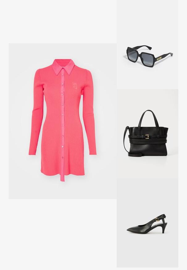 Ribotos, ilgomis rankovėmis suknelė ryškiai rožinės spalvos su apykakle, mygtukų priekyje ir maža širdelės emblema krūtinėje.; Juodas odinis slingback kelnaitė su smailiu pirštu, mažu kulnu ir sagtimi ant kulkšnies dirželio. Lygus paviršius, minimalus dizainas.; Juodi kvadratiniai akinių rėmeliai su gradientiniais pilkais objektyvais; turi subtilius akcentus ir geltoną "MOSCHINO" prekinį ženklą ant rankenos.; Juodas odinis rankinukas su struktūrizuota forma, dviem viršutinėmis rankenomis, nuimamu dirželiu ir auksiniu užsegimu horizontalioje juostoje.