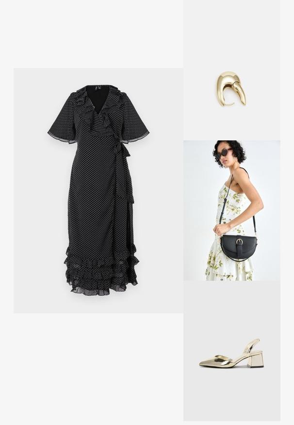 Crna haljina na preklop s točkicama, s naboranim dekolteom i rukavima. Ima vezanje u struku i slojevite volane na rubu. Izrađena je od lagane tkanine.; Zlatni metalik slingback sandali s šiljatim vrhom i debelim potpeticama. Glatka tekstura, minimalistički dizajn i uski remen.; Crna kožna torba s lukovitim oblikom, odvojivim remenom i zlatnim detaljima. Torba ima preklop s kopčom.; Zlatne metalne naušnice s elegantnim, zakrivljenim dizajnom. Imaju karakterističan šiljast oblik, poliranu površinu i zatvaranje na šarku.