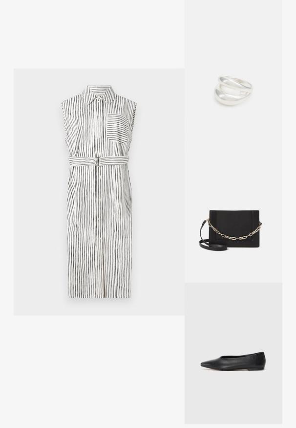 Bezrukávové šaty s vertikálnymi čiernymi pruhmi na bielom pozadí, s gombíkovým zapínaním, vreckom na hrudi a opaskom v páse.; Čierne kožené baletky, špicatý špička, minimalistický dizajn, hladká textúra, nízky podpätok, bez viditeľných prvkov alebo ozdôb.; Čierna kožená crossbody taška s hladkou textúrou, obdĺžnikovým tvarom a kovovým reťazovým detailom na prednej strane. Súčasťou je nastaviteľný popruh.; Strieborný prsteň s dvojitým pásikom s hladkým, lesklým povrchom. Má plynulý, zakrivený dizajn s prekryvajúcimi sa časťami pre moderný vzhľad.