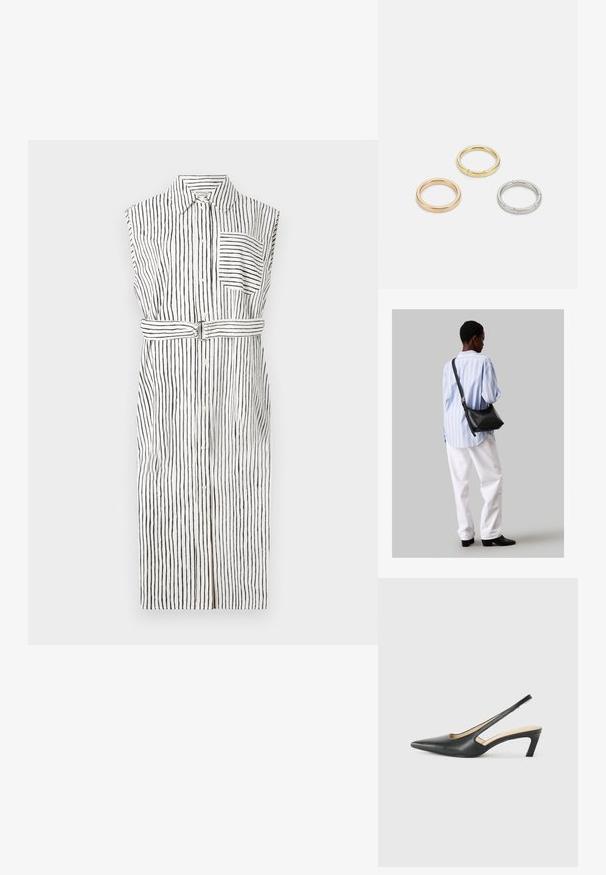 Ujjatlan ruha függőleges fekete csíkokkal fehér háttérrel, gombos elülső rész, mellzseb és övvel meghúzott derék.; Fekete, hegyes orrú, slingback cipő alacsony sarkával, sima bőrből készült, oldalt kivágott deisgnal a légáteresztőképesség érdekében.; Fekete bőr válltáska puha tapintással, háromszög alakú, állítható pánttal, világoskék csíkos inggel és fehér nadrággal párosítva.; Három fémgyűrű: az egyik rose gold, a másik texturált akcentusokkal ellátott arany, a harmadik pedig ezüst, mindegyiken gravírozott márkajelzés található a belső sávon.