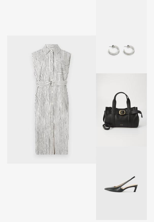 Rochie fără mâneci, cu dungi negre verticale pe un fundal alb, cu închidere cu butoane în față, un buzunar pe piept și talie accentuată cu o curea.; Pantof cu toc mic, cu vârf ascuțit și slingback, realizat din piele netedă, având un design decupat pe lateral pentru respirabilitate.; Geantă de mână din piele neagră, cu un design structurat, mânere superioare duale, accent cu cataramă aurie și logo-ul brandului embosat în față.; Cercei din argint sub formă de cerc, cu o suprafață netedă și un rând de pietricele clare mici de-a lungul marginii inferioare, având un sistem de prindere cu tijă.