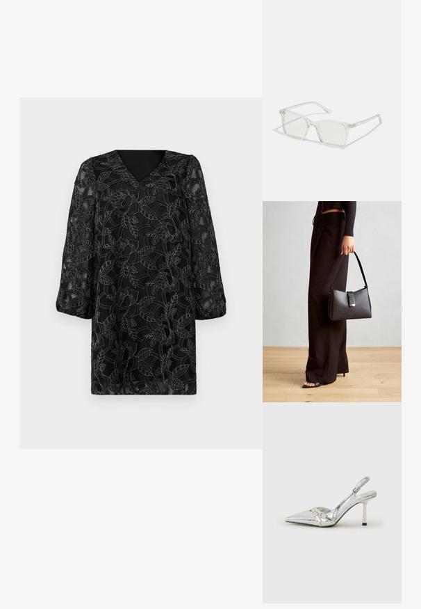 Vestuário preto com decote em V, mangas bufantes longas e sobreposição de renda floral apresentando padrões intrincados de folhas e flores. Acabamento texturizado.; Sapato de salto alto slingback prateado com bico fino, acabamento metálico, duas correias decorativas e um salto esbelto com ponta preta.; Óculos quadrados de plástico transparente com lentes translúcidas, apresentando detalhes em dourado nas hastes.; Bolsa preta com forma estruturada, textura suave e um fecho metálico. Combinada com calças largas pretas e sandálias de salto aberto sobre um chão de madeira.