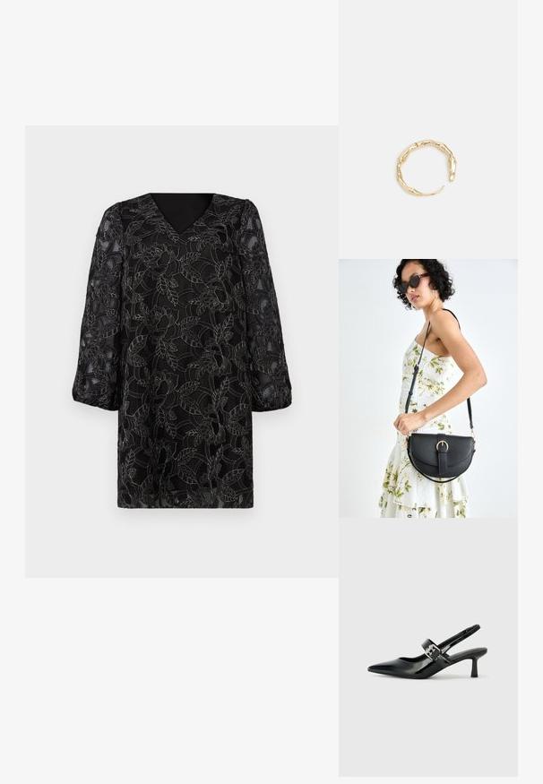 Svart klänning med V-ringning, långa puffärmar och blommig spetsöverdrag med invecklade blad- och blommönster. Texturerad yta.; Svarta patentläder slingback-klackar med spetsig tå och en liten blockklack, med en silvrig spänneaccent på remmen.; Svart läderhandväska med en böjd form, avtagbar rem och guldiga detaljer. Väskan har ett lock med en spänndetalj.; Ring i guldutförande med en organisk, vriden design, slät yta och avsmalnande ändar, vilket ger ett modernt, skulpturalt utseende.