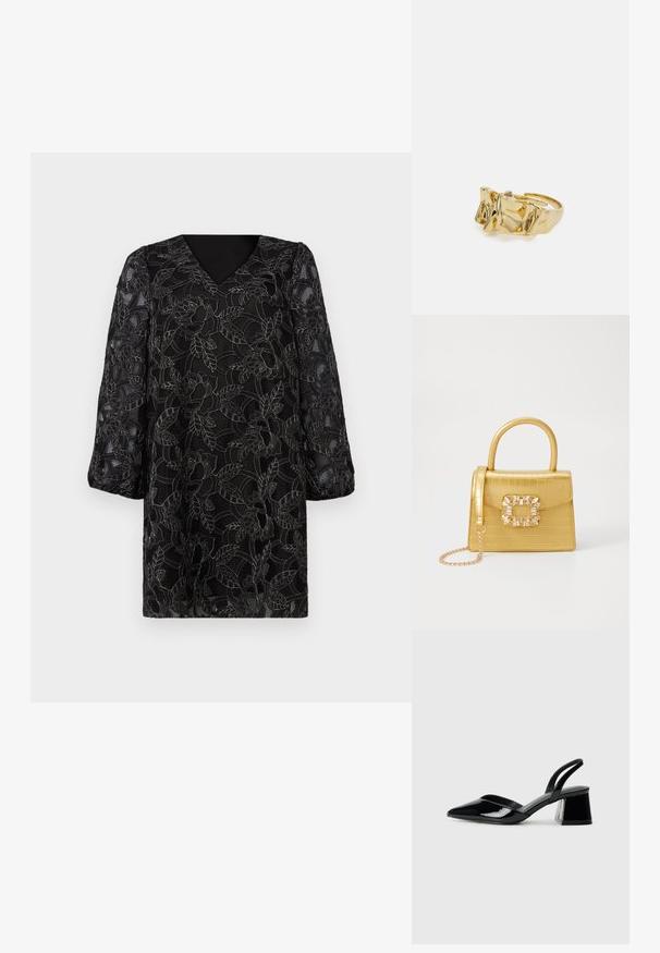 Juoda suknelė su V formos iškirpte, ilgomis pūstomis rankovėmis ir gėlių nėriniu, kuris turi sudėtingus lapų ir gėlių raštus. Textūruota apdaila.; Juodos lakuotos odinės šlepetės su smailiu pirštu ir geometriniu bloko kulnu. Turi elegantišką, minimalistinį dizainą ir lygų paviršių.; Geltonas dirbtinės krokodilo odos rankinukas su standžiu dizainu, viršutine rankena, nuimamu grandininiu dirželiu ir dekoratyviniu krištolo papuošimu ant užsegimo.; Aukso žiedas su tekstūruotu, banguotu dizainu, turintis tris iškilias viršūnes. Lygus, blizgus paviršius su atviromis juostelėmis, leidžiančiomis reguliuoti dydį.