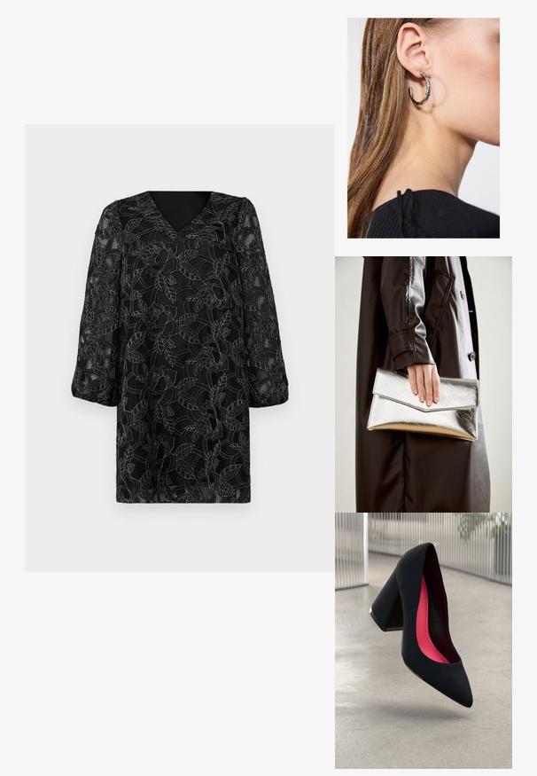 Černé šaty s V-výstřihem, dlouhými nabíranými rukávy a květinovou krajkovou vrstvou s drobnými vzory listů a květin. Texturovaný povrch.; Černá vysoká podpatková bota s špičatou špičkou, texturovaným povrchem a živým růžovým interiérem. Obsahuje masivní podpatek se stříbrným akcentem.; Stříbrná metalická kabelka ve tvaru klínového obálkového designu, hladké textury a s kontrastní barvou uvnitř, držena v ruce s černým kabátem.; Stříbrný kruhový náušník s lesklým povrchem, zdobený malými zlatými akcenty, v kulatém tvaru, nošený na lalůčku.