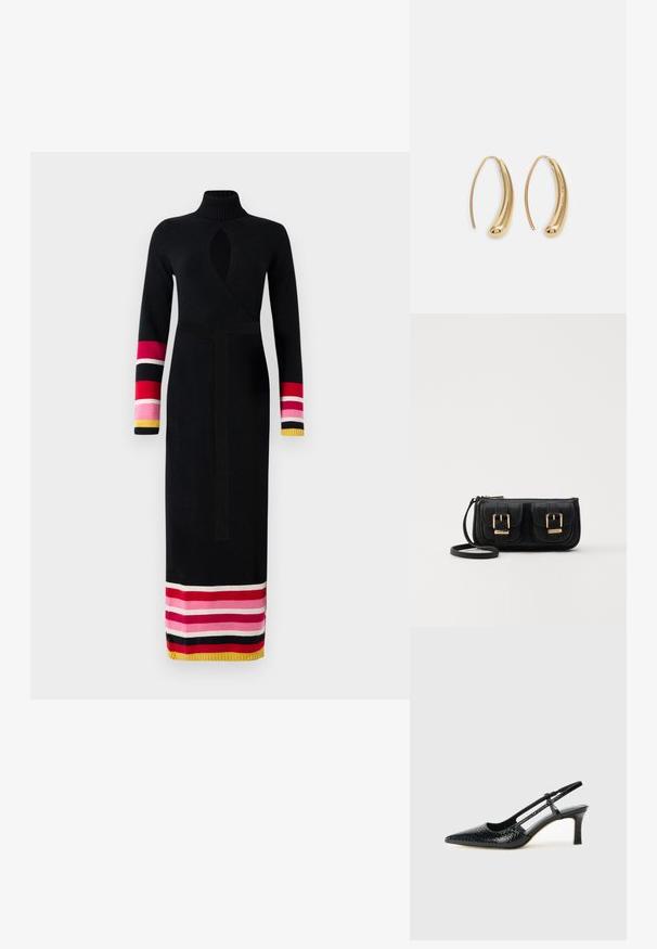 Neulemustekki musta mekko, jossa on korkea kaulus, kietoutumismallinen muotoilu ja pitkät hihat, joissa on värikkäitä raitoja vaaleanpunaisena, punaisena ja keltaisena hihansuissa ja helmassa.; Musta patent slingback-kiilakorko teräväkärkisellä muotoilulla, jossa on teksturoitu käärmeennahkakuosi, säädettävä remmi ja lyhyt, teksturoitu blokkiheel.; Musta nahkainen olkalaukku, jossa on kaksi etutaskua, kultaiset soljet, vetoketjukiinnitys ja kapea hihna. Teksturoidun pinnan ja kompaktin suorakaiteen muoto.; Korvakorut kultasävytteistä metallista, joissa on kaareva, pitkänomainen muoto. Ominaisuuksiin kuuluu sileä, kiiltävä pinta ja pyöreä kärki lisäyksinä.