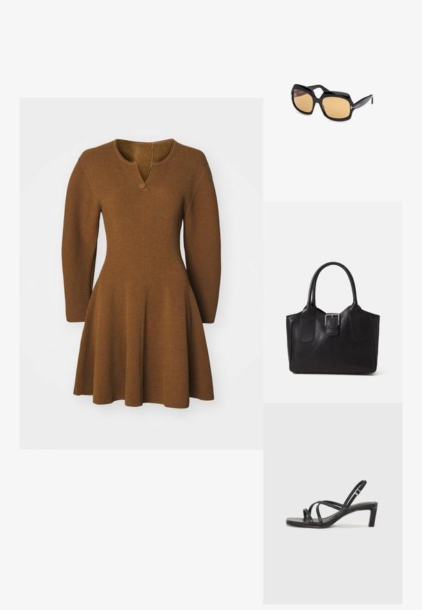 Braunes Strickkleid mit leicht ausgestelltem Rock, langen Ärmeln und einem V-Ausschnitt, der mit einem einzelnen Knopf verziert ist. Strukturierter Rippstoff.; Schwarze Sandale mit Riemchen, quadratischer Zehenform und niedrigem Blockabsatz. Verfügt über mehrere dünne Riemen und einen verstellbaren Knöchelriemen. Hergestellt aus glattem Leder.; Schwarze übergroße rechteckige Sonnenbrille mit bernsteinfarbenen Gläsern und dezenten silbernen T-förmigen Akzenten an den Bügeln.; Schwarze Leder-Tote mit glatter Textur, strukturiertem Design, zwei Griffen und einem auffälligen silbernen Schnallen-Detail auf der Vorderseite.