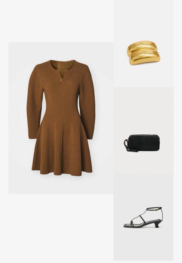 Brūna adīta kleita ar nedaudz izplestu svārku, garām piedurknēm un V-veida kakla izgriezumu ar vienu pogu detaļu. Strukturēta ribota auduma.; Melna ādas sandale ar kvadrātveida purngalu, plānām siksnām, regulējamu potītes siksnu un zemu papēdi. Iezīme ir neliela zelta akcenta detaļa uz siksnas.; Melnas zamšādas gēlu somiņa ar rāvējslēdzēju un noņemamu plaukstas siksniņu. Ar zelta tonis aparatūru un gludu, matētu tekstūru.; Zelta krāsas metāla matu spraude ar gludu, noapaļotu dizainu. Virsma ir spīdīga, ar savienotu, izliekta formu, bez papildu rotājumiem.