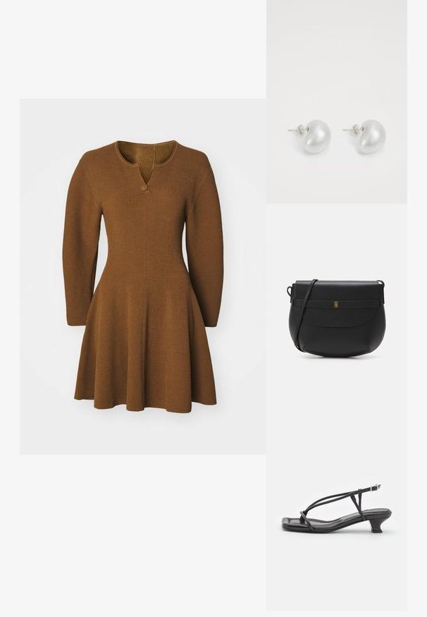 Brązowa dzianinowa sukienka z lekko rozkloszowanym dołem, długimi rękawami i dekoltem w kształcie litery V, który zdobi pojedynczy guzik. Teksturowana żebrowana tkanina.; Czarne skórzane sandały z cienkimi paskami, niskim blokowym obcasem i kwadratowym noskiem. Posiadają zapięcie na klamrę i gładką teksturę.; Czarna skórzana torebka crossbody o zaokrąglonym kształcie, minimalistycznym designie, z klapką i złotym akcentem na środku.; Srebrne kolczyki perłowe w zakrzywionym, fasolowym kształcie. Gładka, błyszcząca powierzchnia, z zamknięciem na stalowy szpikulec i zatyczkę.