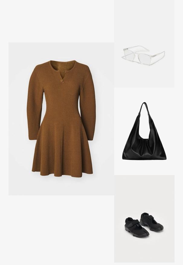 Bruine gebreide jurk met een licht uitlopende rok, lange mouwen en een V-hals met een enkele knoopdetail. Gelaagd ribstof.; Zwarte waterschoenen gemaakt van flexibel materiaal met een klittenbandsluiting, met een unieke gesplitste te ontwerpen en een rubberen zool met textuur voor grip.; CHPO ZEBBE UNISEX - Brillen met blauwlichtfilter - transperent; Zwarte leren hobo tas met een zachte, gebogen vorm. Heeft een brede bovenhandgreep en plooien aan de onderkant voor een slappe textuur.