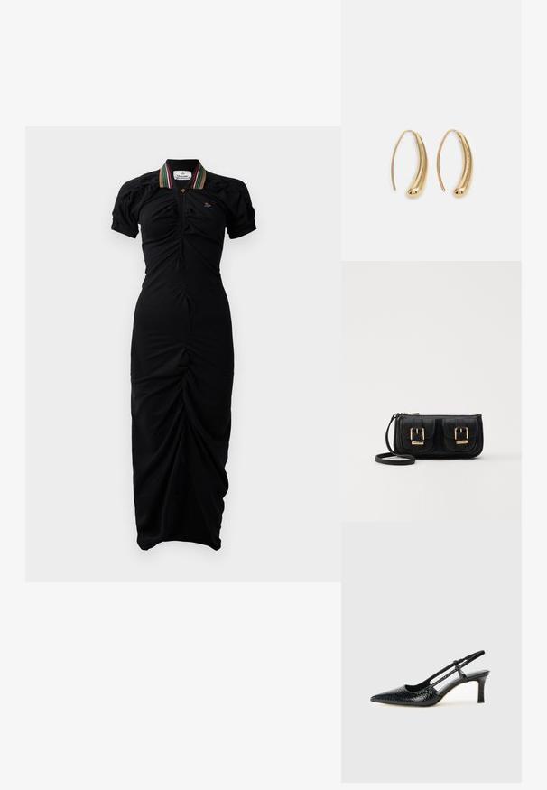 Must mustriga, lühikeste puhvärviga varrukate ja punase, rohelise ning kollase triibuga kaelusega must kleit, kroogitud tekstuuriga ja õhukese maksipikkusega siluetiga.; Mustmust paelad, millel on terav varvas, tekstuuriga maduprindiga, reguleeritav rihm ja lühike tekstuuriga plokknina.; Must küllastamata nahast õlakott, millel on kaks esist nähtavat taskut, kuldsed pandlad, tõmblukuga sulgemine ja peen rihm. Tekstuuriga pind ja kompaktne ristkülikukujuline kuju.; Kuldtoonilised metallist rõngas kõrvarõngad, millel on kõver ja piklik kuju. Omavad siledat, läikivat pinda ja ümarat tipptugevdust, mis lisab detaili.