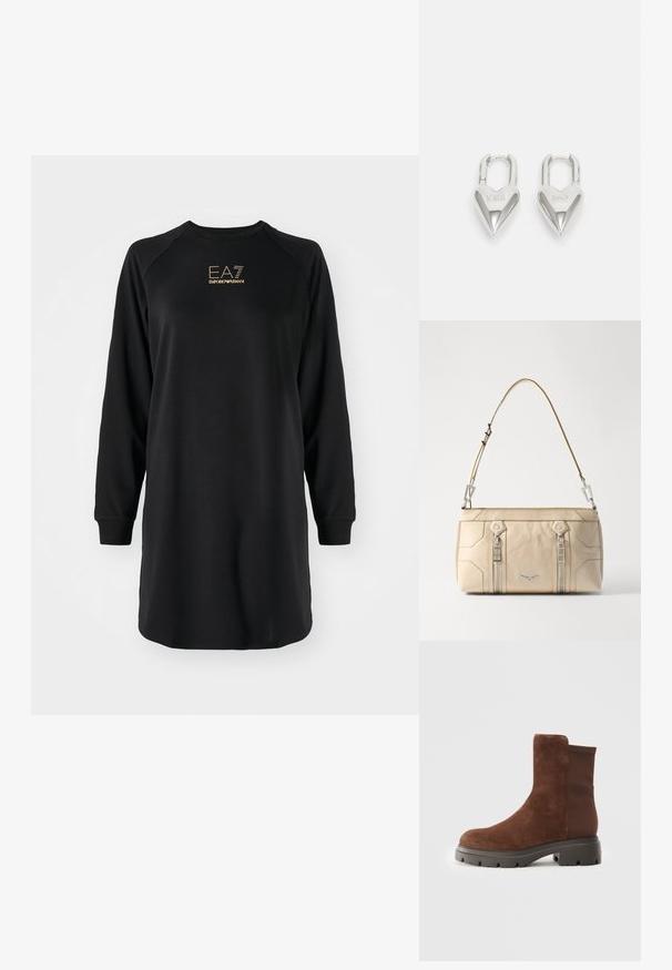 Črna dolga obleka s dolgimi rokavi, okroglim izrezom in teksturiranim pletenim materialom. Na prsih vsebuje zlati logotip "EA7 Emporio Armani".; Rjave antilopne gležnjarje z elastičnimi stranskimi paneli, zaobljenim nosom in debelim gumijastim podplatom, ki ima teksturiran vzorec. ; Bežna usnjena torbica z argentinsko kovino, dvema stranskima zadrgama, strukturirano zasnovo in snemnim trakom za vsestranskost.; Srebrni ključavnice v obliki srca z vgraviranima besedama "DA" in "NE", s poliranim zaključkom, simetričnim dizajnom in robustnim kovinskim nosilcem.