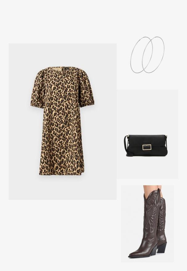 Obleka z obrobnim vzorcem iz gladkega blaga. Ima okroglo ovratnico, napihnjene kratke rokave in A-linijo. Barve vključujejo peščeno in črno.; Rjave usnjene kavbojske čevlje z ostrim nosom in blok peto, ki vsebujejo podrobno šivanje in dvignjene dodatke na zgornjem delu.; Črna usnjena torbica na preklop z zlato kovinsko zaponko. Vključuje črn trak in eleganten, minimalističen dizajn.; Srebrne uhane v obliki obroča z minimalističnim dizajnom. Krožna oblika, gladka tekstura in tanek profil. Lahki s poliranim zaključkom.