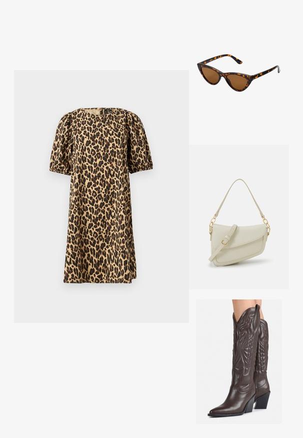 Leopardmönstrad klänning i ett mjukt tyg. Har rund hals, puffärmar och en A-linjeformad siluett. Färgerna inkluderar beige och svart.; Bruna lädercowboystövlar med spetsig tå och klossklack, med detaljerad sömnad och upphöjda accenter på skaftet.; Kattögon-solglasögon med en ram i svart och orange sköldpaddsmönster, bruna linser och smala, spetsiga tips. Har en minimalistisk logotyp på bågen.; Liten gräddfärgad handväska med en strukturerad finish, en lång justerbar rem, en kedjedetalj och en klaffstängning. Guldfärgad hårdvara.