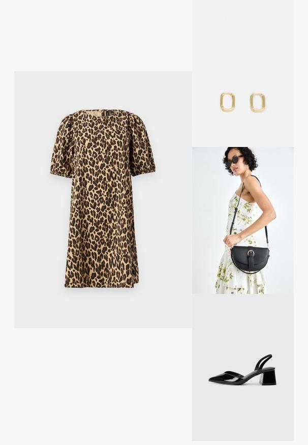 Mekko, jonka kuosi on leopardin täplä, on valmistettu sileästä kankaasta. Siinä on pyöreä pääntie, puffit lyhyet hihat ja A-linja. Värit sisältävät ruskean ja mustan.; Mustat patentoitu nahkakengät, joissa on säären takaosa ja terävä kärki, sekä geometrinen palikkakorko. Sisältää tyylikkään, minimalistisen muotoilun ja sileän pinnan.; Musta nahkainen käsilaukku, joka on kaareva muotoilultaan, irrotettavalla hihnalla ja kultaisilla yksityiskohdilla. Laukussa on läppä, jossa on solk yksityiskohta.; Kultaiset suorakulmaiset korvakorut, joissa on sileä pinta ja pyöristetyt reunat. Suunnittelussa on minimalistinen, geometrinen muoto.