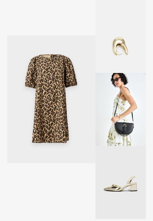 Šaty s leopardím vzorom vyrobené z hladkej látky. Majú okrúhly výstrih, nafúknuté krátke rukávy a siluetu s A-čkovým strihom. Farby zahŕňajú pieskovú a čiernu.; Zlaté kovové lodičky na podpätku so špicatou špičkou a robustným podpätkom. Hladký povrch, minimalistický dizajn a úzka remienok.; Čierna kožená kabelka s zaobleným tvarom, odnímateľným popruhom a zlatými doplnkami. Kabelka má klopu s detailom s prackou.; Náušnice z kovu v zlatej farbe s elegantným, zakriveným dizajnom. Majú charakteristický špicatý tvar, leštený povrch a uzáver na pánt.