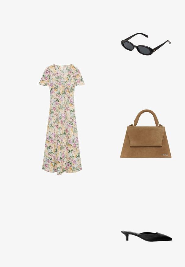 Kukallinen mekko, jossa on lyhyet hihat, v-aukko ja virtaava siluetti. Keltainen, vaaleanpunainen ja vihreä kukkakuvio kermaisen sävyisellä kankaalla.; Mustat nahkaiset korkokenkä-mulet, joissa on terävä kärki, avoin takapuoli ja matala lohkokorko. Silkkinen tekstuuri yksinkertaisella muotoilulla.; Mustat ylisuuruiset aurinkolasit, jotka ovat soikeat linssit, sileä muovikehys ja kultaiset korostukset temppeleissä. Tummat linssit tarjoavat suojaa auringolta.; Ruskea mokkahuulipussi, jossa on jämäkkä kolmion muoto, yläkahva ja läppäkiinnitys. Sivussa on hienovarainen logotulos.