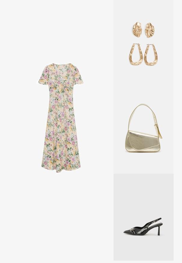 Bloemendress met korte mouwen, een V-halslijn en een vloeiende silhouet. Gele, roze en groene bloemenpatronen op een crèmekleurige stof.; Zwarte gepolijste leren slingback schoenen met een puntige neus, enkelbandjes met zilveren gespen en hardware, en een slanke hak.; Gouden metallic handtas met een gestructureerd ontwerp, gladde textuur en verstelbare schouderband. Kenmerkt zich door een unieke driehoekige vorm en minimalistische stiksels.; Gouden oorbellen met een getextureerd, golvend ontwerp. Bevat sculpturale clip-on studs en een open ringontwerp met een gehamerd oppervlak.