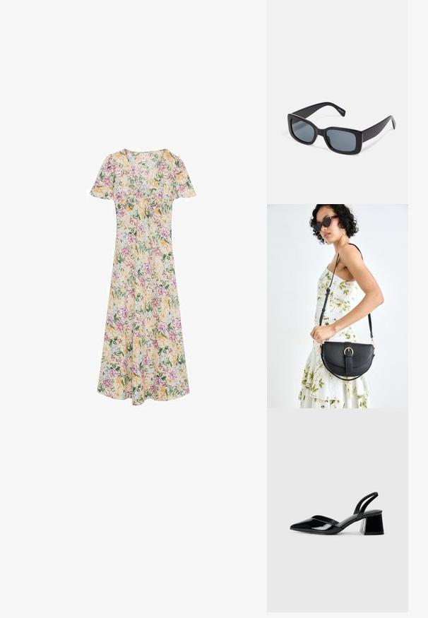 Cvečna obleka z kratkimi rokavi, V-izrezom in tekočo silhueto. Rumeni, rožnati in zeleni cvetlični vzorci na kremozni tkanini.; Črne lakirane slingback pete s koničastim nosom in geometrijsko blokasto peto. Imajo eleganten, minimalističen dizajn in gladko teksturo.; Črne pravokotne sončna očala z temno obarvanimi lečami, debelim plastičnim okvirjem in širokimi nogicami. Gladka površina in ostri oblikovni detajli.; Črna usnjena torbica s ukrivljeno obliko, z odstranljivo naramnico in zlatimi dodatki. Torbica ima pokrov s podrobnostmi v obliki zaponke.