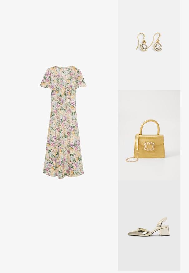Cvečna obleka z kratkimi rokavi, V-izrezom in tekočo silhueto. Rumeni, rožnati in zeleni cvetlični vzorci na kremozni tkanini.; Zlati, kovinski slingback čeveljci z ostrim nosom in masivnim peto. Gladka tekstura, minimalistična zasnova in ozka zanka.; Rumeno usnjeno-usnje z vzorcem krokodila, s strukturiranim dizajnom, zgornjo ročajem, snemljivo verižico in dekorativnim kristalnim okrasjem na zaponki.; Zlato obarvani uhani z ovalnimi prozornimi kristali, ki jih obdajajo manjši prozorni kamenčki, s sistemom za oblačenje za varno nošenje.