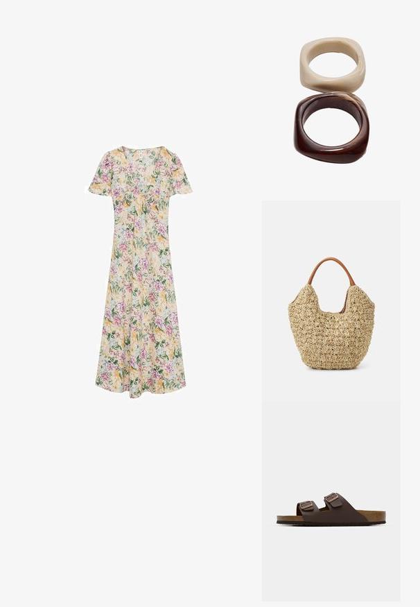 Blomstret kjole med korte ærmer, v-udskæring og en svømmede silhuet. Gule, pink og grønne blomstermønstre på cremefarvet stof.; Brun, flad slidesandal med to justerbare remme. Lavet af et glat materiale, med en korkfodbed og en struktureret gummisål.; Vævet stråtasker med en naturlig tekstur og en blød, organisk form, der har brune læderhåndtag for nem bæring.; Stradivarius SET - Armbånd - dark brown