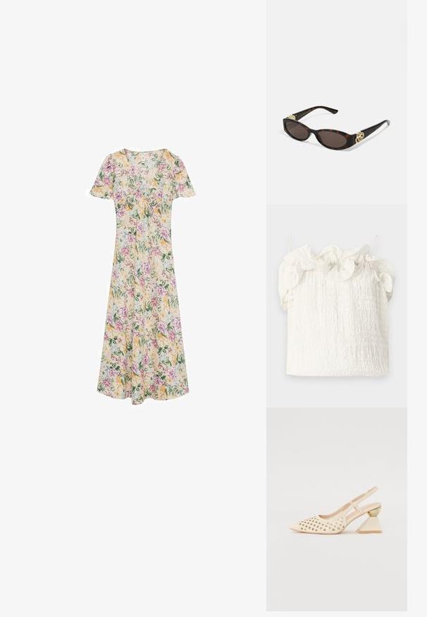 Kwiatowa sukienka z krótkimi rękawami, dekoltem w serek oraz luźnym krojem. Żółte, różowe i zielone wzory kwiatowe na kremowym materiale.; Hofmann Copenhagen GENEVIVE mleczny; Beżowe buty typu slingback z perforowaną cholewką, spiczastym noskiem i kontrastowym trójkątnym obcasem z złotym akcentem. Całość ma gładką fakturę.; Słoneczne okulary w kolorze żółwi z wydłużonymi owalnymi soczewkami, brązowym odcieniem, złotymi akcentami logo na zausznikach oraz smukłymi czarnymi ramionami.; Biała torebka kwiatowa z marszczoną powierzchnią z tkaniny, złotą łańcuszkową rączką i metalowym zapięciem. Posiada teksturowane płatki jako dodatkowy detal.