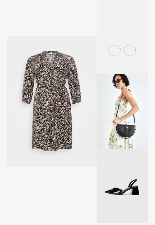 Vestido com padrão de leopardo, feito de um tecido leve, com decote em V, mangas longas, fecho de botão e cintura ajustável com laço.; Sandy em verniz preto com salto slingback, ponta afilada e salto geométrico. Apresenta um design elegante e minimalista com textura suave.; Bolsa de couro preta com forma curva, alça destacável e detalhes em dourado. A bolsa possui uma aba com detalhe de fivela.; Brincos de argola prateados com um design arredondado e elegante, apresentando uma superfície lisa e sem adornos visíveis. Diâmetro não especificado.