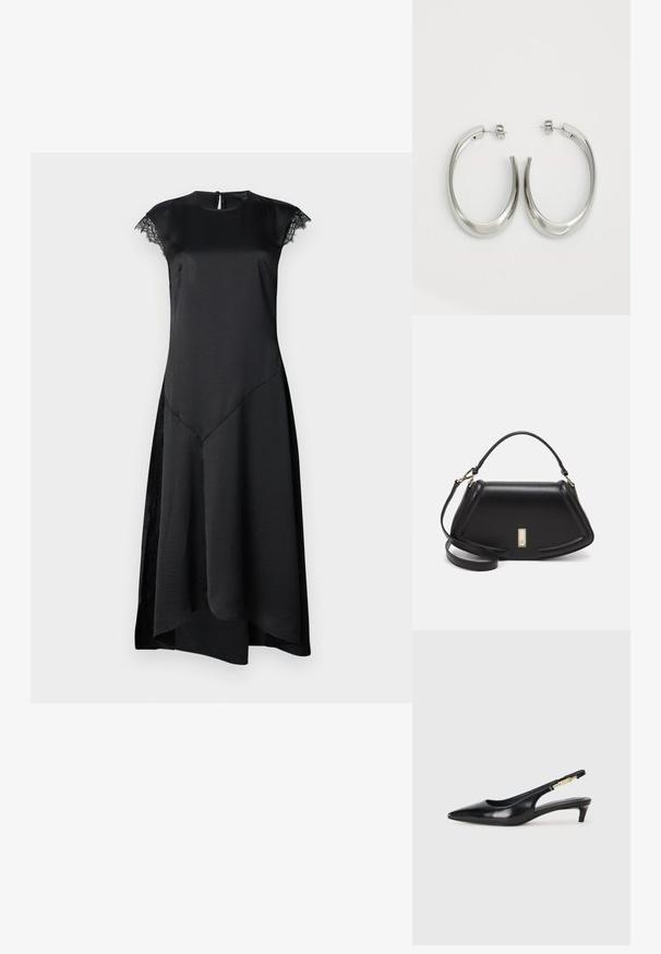 Juoda suknelė su trumpomis rankovėmis, švelniu satino paviršiumi, prigludusia liemene, asimetrine apatine dalimi ir subtiliais nėrinių akcentais rankovėse.; Juodas odinis pavasario batelių modelis su smailiu nosiu, turintis siaurą kulniuką ir auksinės spalvos akcentu reguliuojamoje juostoje. Lygi tekstūra.; Juoda odinė rankinė su struktūrizuotu dizainu, turi trumpą formą, viršutinę rankeną ir auksinius akcentus. Pridėtas reguliuojamas peties diržas.; Sidabriniai apvalūs auskarai su lygiu, išlenktu dizainu. Yra blizgus metalinis paviršius ir smeigtukų uždarymas. Nėra matomų raštų ar akcentų.