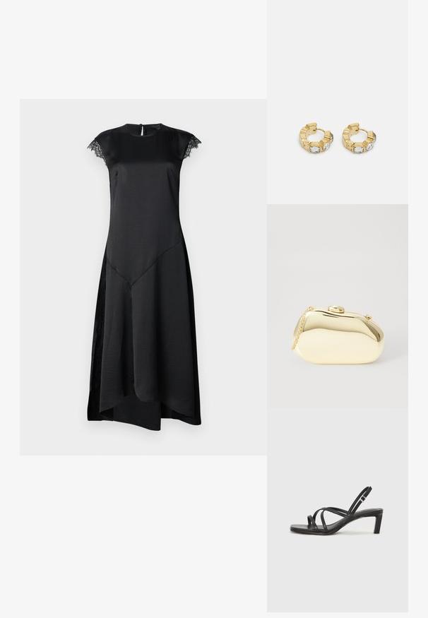 Črna obleka z kratkimi kapicami, gladkim satenskim zaključkom, prilegajočim se korzetom, asimetričnim robom in nežnimi čipkastimi detajli na rokavih.; Črne natikače s trakovi in kvadratnim prstom ter nizkim blokastim peto. Imajo več tankih trakov in nastavljiv trak okoli gležnja. Narejene so iz gladkega usnja.; Metalna zlata torbica z gladko, zaobljeno obliko, opremljena z zgornjim gumbom in majhnim verižnim ročajem za nošenje.; Zlati uhani v obliki obroča z teksturiranim dizajnom in tremi prozornimi kristalnimi poudarki na eni strani, ki ponujajo sodoben geometrijski estetski videz.