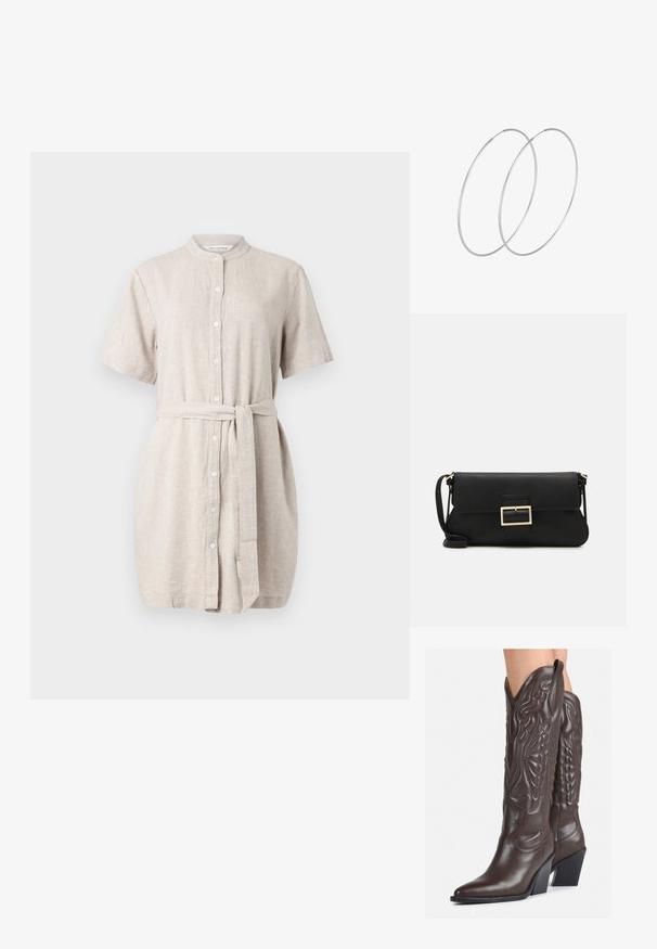 Linen shirt dress in light beige, short sleeves, button-up front, mandarin collar, tied waist belt, and slightly loose fit.; Brown leather cowboy boots with pointed toe and block heel, featuring detailed stitching and raised accents on the shaft.; Black leather clutch bag with a flap and a gold metal buckle detail. Includes a black strap and a sleek, minimalist design.; Silver hoop earrings with a minimalist design. Circular shape, smooth texture, and thin profile. Lightweight with a polished finish.