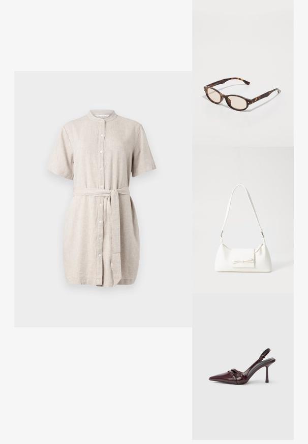 Linnen jurk in licht beige, korte mouwen, knoopsluiting aan de voorkant, opstaande kraag, met een gestrikte tailleband en een iets ruime pasvorm.; Bordeauxrode lakleren slingback met puntige neus, dunne enkelband en kleine decoratieve gespsluiting. Gladde textuur en hoge hak.; Schildpadbril met een ronde vorm en lichte lenzen. Heeft stevige armen met kleine gouden accenten, gemaakt van plastic materiaal.; Witte synthetische handtas met een driehoekige vorm, platte voorklep en strikdetail, verstelbare schouderriem, gladde textuur en minimalistisch ontwerp.