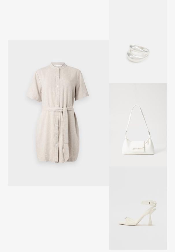 Suknja iz lana v svetlo bež barvi, kratki rokavi, z gumbi spredaj, mandarin ovratnik, zavezan pas in nekoliko ohlapen kroj.; Sandal z visoko peto z naramnicami v beli usnjeni izvedbi s popolnim dizajnom, prozorno blok peto in dekorativnim elementom na prstih.; Bela sintetična torbica v obliki trikotnika, z ravnim sprednjim poklopcem in detajlom mašne, nastavljivim trakom, gladko teksturo in minimalističnim dizajnom.; Srebrn dvojni prstan z gladko, polirano površino. Ima tekoč, ukrivljen dizajn z prekrivajočimi se sekcijami za sodoben videz.