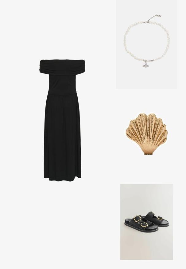 Čierne maxi šaty s odhalenými plecami, s nariaseným telom a splývavou sukňou, vyrobené z mäkkej látky s hladkou textúrou a elastickým pásom.; Čierne semišové sandále s dvoma širokými popruhmi so zlatými prackami, plochou podrážkou a otvorenou špičkou. Hladká štruktúra s kontrastnými kovovými akcentmi.; Zlatá dekoratívna škrupinová súčasť s textúrovaným povrchom a rebrovaným dizajnom, s plochým podstavcom pre stabilitu.; Perlový náhrdelník s lesklými bielymi perlami, s prívěskom vo forme strieborného bezpečnostného špendlíka zdobeného jasnými rhinestones. Uzáver na homárskou sponu.