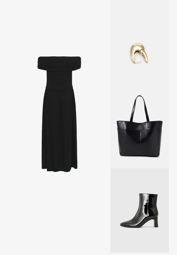 Fekete, vállnélküli maxi ruha, összegyűrt mellrésszel és lebegő szoknyával, puha anyagból készült, sima textúrával és rugalmas derékkal.; Fekete lakk bőrcipő bokáig érő, hegyes orral és közepes magasságú tömbsarokkal. Simább textúrával és minimalista dizájnnal rendelkezik.; Fekete bőr bevásárlótáska két hosszú fogantyúval, sima felülettel és strukturált formával. Elülső zseb található rajta a plusz tárolás érdekében.; Aranyszínű fém fülbevaló, elegáns, ívelt formával. Különleges hegyes alak, fényes felszín és zsanéros záródás jellemzi.