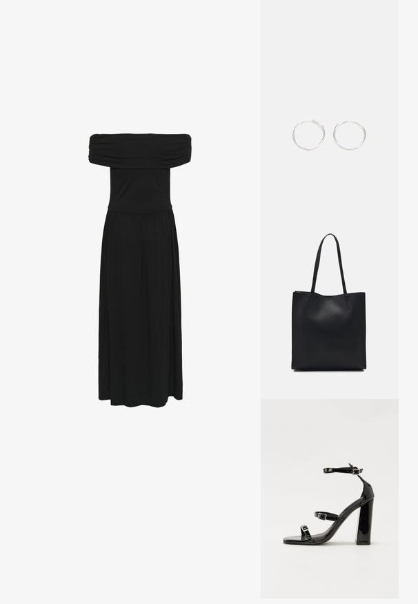 Melns maxitop, kas atklāj plecus, ar savilktu bodi un plūstošu svārku, izgatavots no mīksta auduma ar gludu tekstūru un elastīgu jostu.; Melnas lakotas augstpapēžu čības ar kvadrāta purngalu, potīšu siksniņām un sudraba sprādzēm. Aprīkotas ar masīvu bloku papēdi stabilitātei.; Melnas ādas somiņa ar gludu tekstūru, taisnstūra formu un divām garām rokturiem. Nav redzamu aparatūras vai rotājumu.; Sudraba riņķa auskari ar elegantu, apaļu dizainu, kas izceļas ar gludu virsmu un bez redzamām rotājumām. Diametrs netiek norādīts.