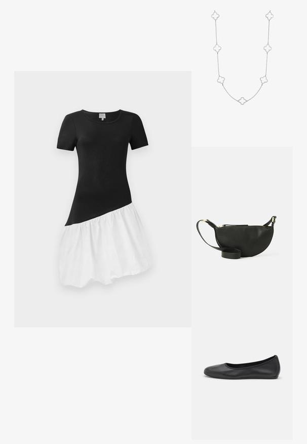 Čierno-biela šaty s krátkymi rukávmi, priliehavým čiernym topom a rozšírenou bielou sukňou. Sukňa má na okraji zhrnutú textúru.; Čierne kožené baleríny s okrúhlou špičkou, hladkým povrchom, minimálnym prešívaním a flexibilným dizajnom podrážky.; Čierna kožená crossbody taška v tvare polmesiaca, s textúrovaným povrchom, zlatým zipsom a plochým popruhom. Kompaktný dizajn vhodný pre nevyhnutnosti.; Strieborný reťazový náhrdelník so striedajúcimi sa článkami v tvare ďateliny s otvorenými stredmi, hladkým povrchom a jemným dizajnom.