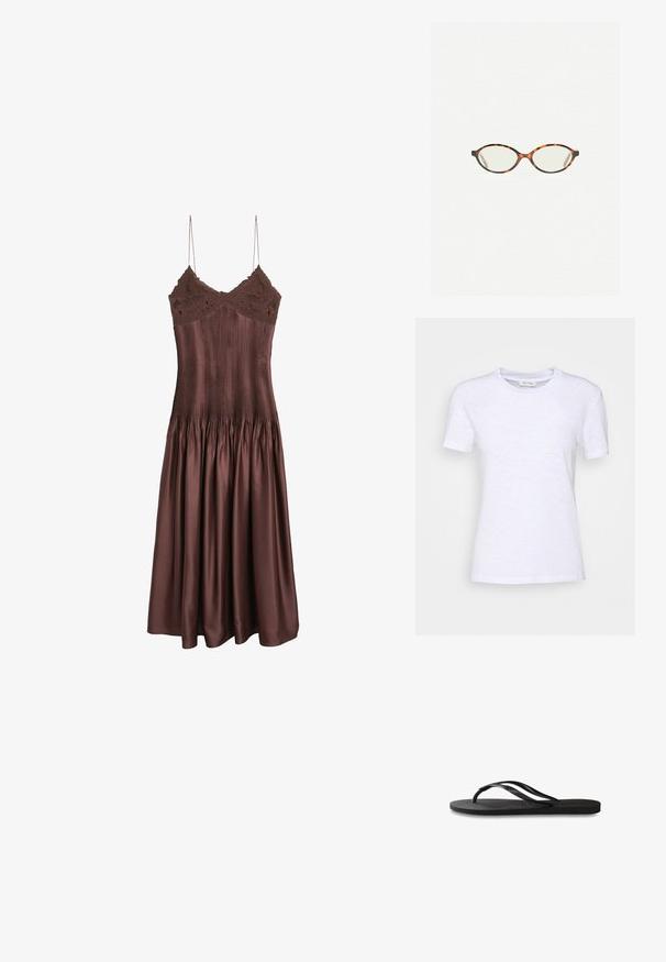 Braunes Satin-Kleid mit einem gefalteten Oberteil und Spitzenbesatz am oberen Rand, dünnen Trägern und einem schwingenden Rock. Glatte Textur im gesamten Kleid.; Weißes Baumwoll-T-Shirt mit Rundhalsausschnitt, kurzen Ärmeln und einer leicht strukturierten Oberfläche. Keine sichtbaren Muster oder Beschläge.; Schwarze Flip-Flops mit einer strukturierten Gummisohle, zwei schlanken Riemen und einem dezenten, geprägten Logo-Detail auf dem Riemen.; Schildpatt-Eyegläser mit ovalen Gläsern und einer eleganten, glatten Oberfläche. Mit dünnen Seiten und einer subtilen Kurve an den Schläfen. Klare Gläser.