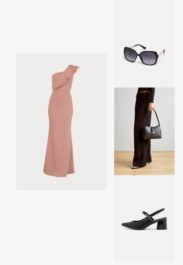 Rochie maxi roz, cu un umăr, cu un guler volăndat, un bust ajustat și un material neted, elastic. Poate fi purtată până la podea și are o ușoară deschidere pe o parte.; Cizme cu toc slingback din piele sintetică lacuită neagră, cu vârful ascuțit, un design cu decupaj rotunjit și toc bloc. Include un accent cu cataramă de culoare aurie.; Ochelari de soare negri, supradimensionați, cu lentile degradate, rame groase și detalii cu lanț de ton auriu pe brațele templului.; Genți negre cu o formă structurată, textură netedă și un închizător metalic. Asortată cu pantaloni negri largi și sandale cu vârf deschis pe un podea din lemn.