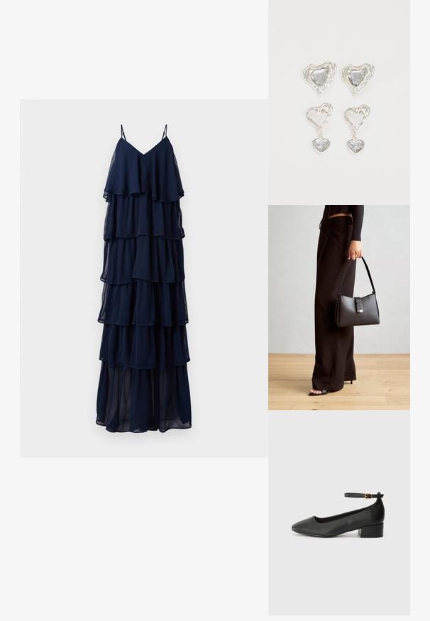 Námořnický modrý vrstvený maxi šaty s nastavitelnými ramínky. Vyrobené z lehkého materiálu, s vrstvenými volánky a splývavým střihem.; Černé kožené lodičky s špičatou špičkou a nízkým blokovým podpatkem. Obsahují pásek kolem kotníku se zlatou sponou. Hladký povrch.; Černá kabelka se strukturovaným tvarem, hladkým povrchem a kovovým uzávěrem. Kombinována s širokými černými kalhotami a sandály s otevřenou špičkou na dřevěné podlaze.; Stříbrné náušnice ve tvaru srdce mají fasetované průhledné kameny a texturovaný rám. Sada zahrnuje styl pecek a visacích náušnic.