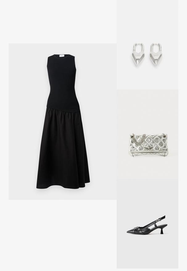 Marella YACTH - Dnevna haljina - nero; Crne kožne cipele s remenom oko pete, s izduženim vrhom, dekorativnim trakama s metalnim rupama i niskom blok petom. Teksturirana površina.; Srebrna metalik torba s lancem za nošenje, kviltana tekstura, dekorativni šavovi i zatvaranje na patentni zatvarač. Sadrži reljefne naglaske na prednjoj strani.; Srebrni padlockovi u obliku srca s ugraviranim tekstovima "DA" i "NE", s poliranim završnim obradama, simetričnim dizajnom i robusnim metalnim kopčanjem.