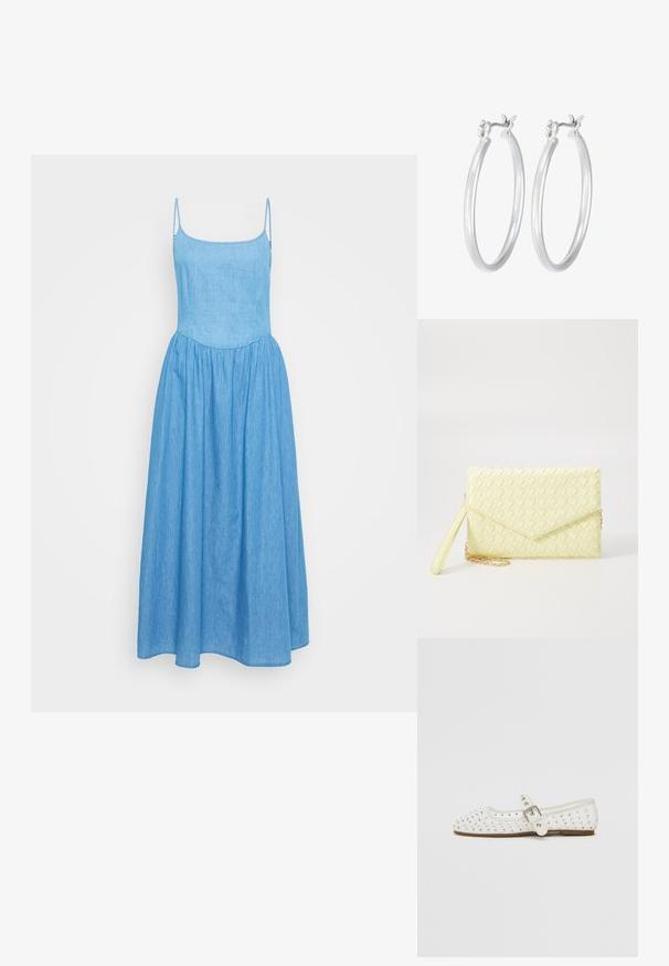 Heledu sinine chambray kleit, millel on õhukesed reguleeritavad rihmad, vormivas ülaservas ja voolav seelikuosa, millel on volüümi lisamiseks volang.; Valge lamedapõhjaline king, millel on terav nina, on kaunistatud hõbedaste nukkudega, omab üle jalanõu kulgu vööti ja heledat pruuni talla.; Kollane kudumine käekott, millel on klapp disain, eemaldatav randme rihm ja kuldne ahelakaunistus. Sile tekstuur ja ristkülikuline kuju.; Hõbedased rõngaskõrvarõngad, millel on sile, läikiv viimistlus. Ümmargune kuju ja turvaline klõpsulatus. Kerge disain, sobib igapäevaseks kandmiseks.