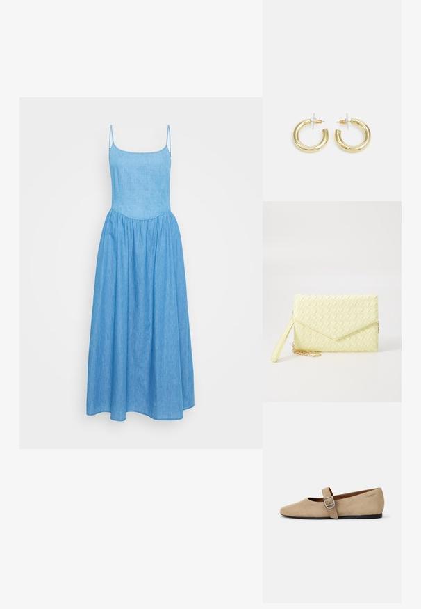 Heledu sinine chambray kleit, millel on õhukesed reguleeritavad rihmad, vormivas ülaservas ja voolav seelikuosa, millel on volüümi lisamiseks volang.; Bež sametist Mary Jane korterid terava ninaga ja ühekordse reguleeritava rihmaga, millel on hõbedane sang. Must lamineeritud tall.; Kollane kudumine käekott, millel on klapp disain, eemaldatav randme rihm ja kuldne ahelakaunistus. Sile tekstuur ja ristkülikuline kuju.; Kuldne rõngassõrmused sileda ja läikiva viimistlusega. Ringikujuline disain, millel on väike post ja selge tagumine külg, et tagada kindel kandmine.