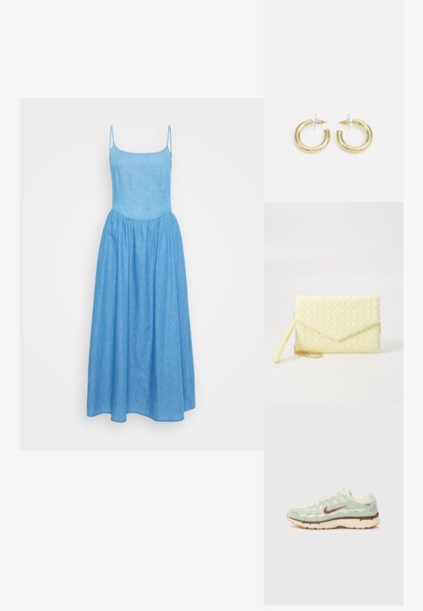 Šviesiai mėlyna šambrė su plonomis reguliuojamomis petnešomis, prigludusia liemene ir laisvai krentančia suknele su surinktu liemeniu, kad suteiktų papildomą apimtį.; Šviesiai žalia sportinė avalynė iš tinklelio ir zomšos medžiagų, su rudomis detalėmis, kreminės spalvos padu, tekstūruotu dizainu ir firminiu logotipu šone.; Geltona audinė piniginė su užsegimu, nuimamą rankinę juostą ir auksinį akcentą. Lygi tekstūra ir stačiakampis forma.; Aukso auskarai su lygiu, blizgiu paviršiumi. Apvalus dizainas su maža užrakto dalimi ir skaidria atrama saugiam nešiojimui.