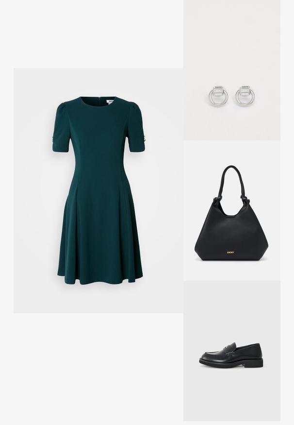 Biała sukienka w fasonie fit-and-flare wykonana z gładkiego materiału, z krótkimi bufkami i akcentującym szczegółem ze stali oraz okrągłym dekoltem.; Czarne skórzane loafersy z okrągłym noskiem, wykończone szwem i płaską gumową podeszwą. Posiadają ozdobny pasek na cholewce.; Czarna skórzana torba tote o teksturowanym wykończeniu, z węzłowymi akcentami na uchwytach i złotym logo na podstawie. Charakteryzuje się luźną sylwetką.; Srebrne kolczyki z prostokątnym kamieniem na górze okrągłej obrączki. Gładka faktura, minimalistyczny design i geometryczny kształt.