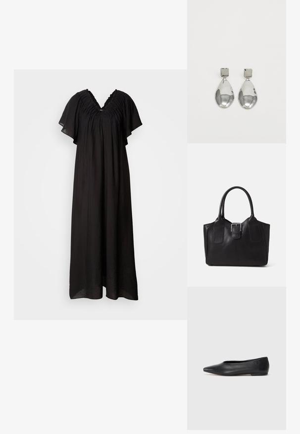 Fekete maxi ruha V-nyakkivágással és fodros részletekkel a vállakon. Lágy esésű anyag, rövid, bő ujjakkal és laza fazonnal.; Fekete bőr balettcipő, hegyes orral, minimalista dizájn, sima textúra, alacsony sarkú, látható fémrész vagy díszítés nélkül.; Fekete bőr bevásárlótáska sima textúrával, strukturált formával, két fogantyúval és egy figyelemfelkeltő ezüst csattal az elején.; Ezüst csepp fülbevalók négyzet alakú fülbevalóval, sima, fényes felülettel és csepp formával, amely fényt tükröz egy fényes felületen.