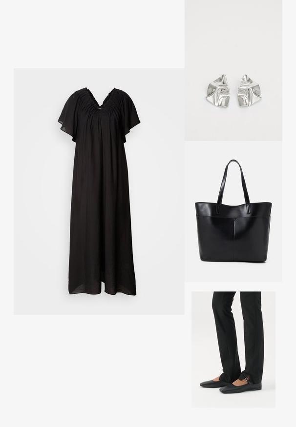 Schwarzes Maxikleid mit V-Ausschnitt und Rüschendetails an den Schultern. Lockerer Stoff mit kurzen, weiten Ärmeln und lockerer Passform.; Schwarze Leder-Ballerinas mit spitzer Zehenpartie, Riemchen mit silberner Schnalle, kombiniert mit schwarzen taillierten Hosen mit Schlitzsaum.; Schwarze Leder-Shopper-Tasche mit zwei langen Griffen, einer glatten Textur und einer strukturierten Form. Verfügt über eine Vordertasche für zusätzlichen Stauraum.; Silberne Metallohrringe mit einem wellenförmigen, skulpturalen Design, das eine polierte Oberfläche und unregelmäßige Formen aufweist, die eine zeitgenössische Ästhetik betonen.