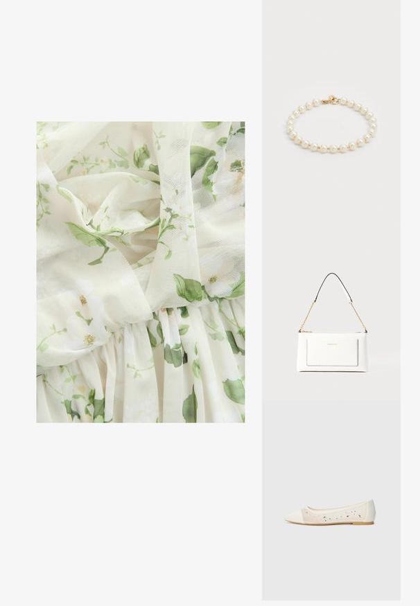 Next MULTIWAY BRIDESMAID WEDDING STANDARD - Proginė apranga - sage green floral print; Kreminės odos balerinos bateliai su skaidriu viršumi, dekoruoti išsibarsčiusiais kristalais. Minkštas padas užtikrina komfortą, minimalistinis dizainas.; Balta odinė rankinė su tekstūruotu paviršiumi, turinti auksinį grandinėlės dirželį ir juodas detales. Įskaičiuota priekinė kišenė ir užtrauktuko uždarymas.; Perlo apyrankė su apvaliais, blizgiais baltos spalvos karoliukais ir aukso tono užsegimu. Lygi tekstūra su klasikinio dizaino akcentais.